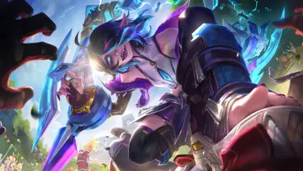 8K Ultra HD PC desktop wallpaper — League of Legends' Briar, a beast-like champion, lunges forward with claws and glowing blades amid shattered crystals and crackling lightning.