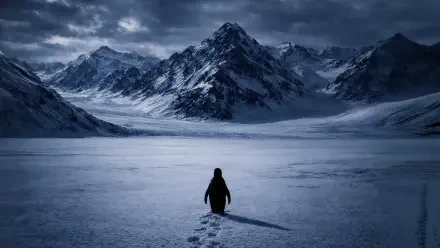 HD desktop wallpaper of a solitary penguin crossing a vast snowy plain toward towering mountain peaks beneath a dramatic, clouded sky.