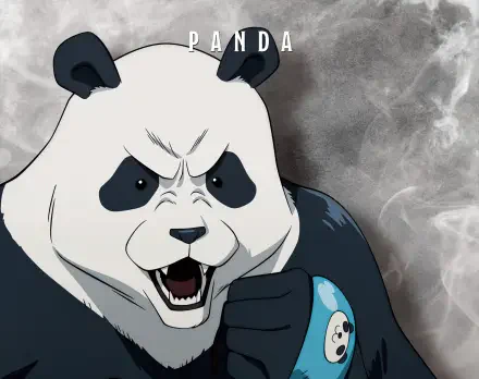Anime 2K Quad HD PC desktop wallpaper of Panda from Jujutsu Kaisen, snarling with clenched fist against a smoky gray background.