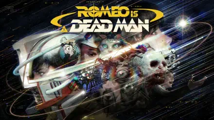 HD PC desktop wallpaper for the video game Romeo is a Dead Man, showing the game's logo, fragmented character faces, a skull and streaking neon light effects.