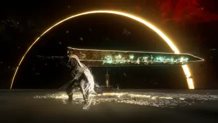 Dark RPG scene from Clair Obscur: Expedition 33 — lone warrior wielding a colossal glowing sword beneath a golden arc; 2K Quad HD PC desktop wallpaper/background.