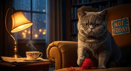 Grumpy gray cat perched on an armchair pawing red yarn beside a steaming teacup and lamp, Not Today sign and city night window in the background — 4K Ultra HD PC desktop wallpaper.