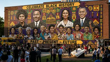 4K Ultra HD PC desktop wallpaper: vibrant Black History Month mural titled Past - Present - Future with stylized leaders' portraits, colorful African patterns and a crowd gathered below.