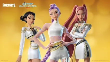 HD Fortnite PC desktop wallpaper showing KPop Demon Hunters trio Zoey, Mira, and Rumi posing in white and gold outfits against a warm yellow background.
