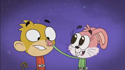 Cartoon Rocket Monkeys 4K Ultra HD PC desktop wallpaper: two wide-eyed Rocket Monkeys characters — yellow and pink — a long green tongue playfully touches the other's nose against a purple starry background.
