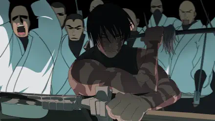 Anime Jujutsu Kaisen — Maki Zenin, bloodied and resolute, gripping a polearm amid masked assailants. 4K Ultra HD PC desktop wallpaper and background.