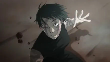 4K Ultra HD PC desktop wallpaper of Maki Zenin from Jujutsu Kaisen — dynamic low-angle action shot of her reaching forward amid debris, moody shadows and sharp detail.