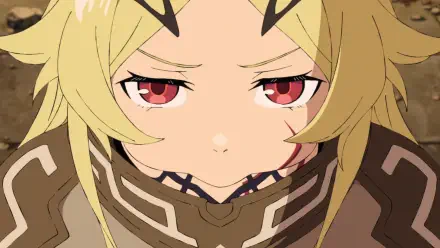 HD PC desktop wallpaper of Teoritta from Sentenced to Be a Hero — close-up of a blonde, red-eyed Teoritta with a stern expression, facial scar, and detailed armored collar.
