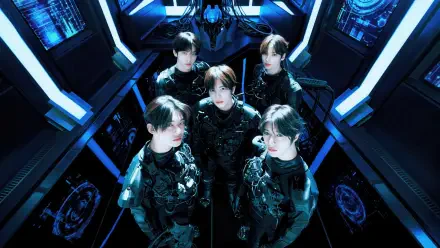 4K Ultra HD PC wallpaper: a K-pop boy band of five in matching dark outfits posed in a neon-blue futuristic control room, dramatic overhead angle.