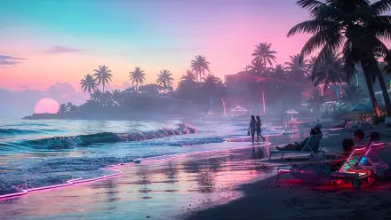 4K Ultra HD PC desktop wallpaper of a neon sunset beach vacation: palm-lined shore, silhouetted figures and loungers, gentle waves reflecting pink and teal light.