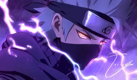 Purple-toned anime HD PC desktop wallpaper of Naruto's Kakashi Hatake, close-up with headband, mask, Sharingan eye and crackling purple lightning.