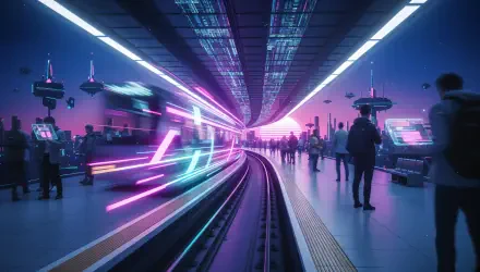 4K Ultra HD PC desktop wallpaper: neon cyberpunk train station with curved tracks, glowing light trails and silhouetted commuters beneath magenta and cyan lights.