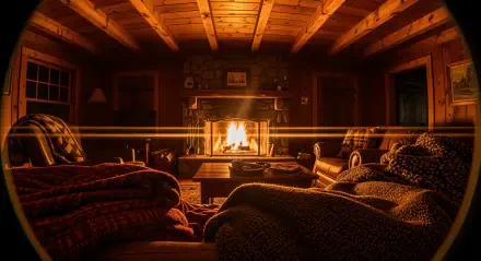 Cozy rustic cabin living room with roaring fireplace, wood-beamed ceiling and plush sofas, warm amber glow — 4K Ultra HD PC desktop wallpaper and background.
