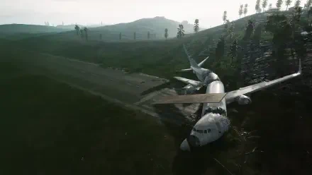 HD PC desktop wallpaper from the video game HumanitZ: a plane crash—an airliner wrecked in a misty green valley, surrounded by trees on rolling hills beneath an overcast sky.