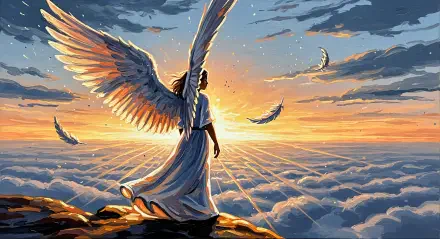 4K Ultra HD PC desktop wallpaper and background of an angel with luminous angel wings standing on a cliff above clouds at sunrise, feathers drifting across a golden sky.