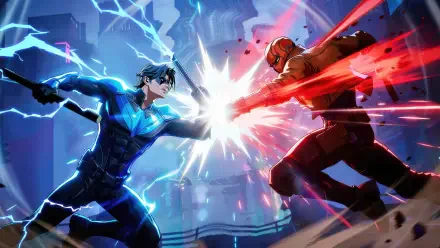 4K Ultra HD PC desktop wallpaper from mobile game DC: Dark Legion — Nightwing and Red Hood clash in a lightning-charged confrontation, blue and red energy exploding between them.