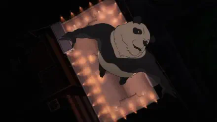 HD PC desktop wallpaper of Panda from Jujutsu Kaisen 3rd Season, soaring above glowing ritual candles against a dark, dramatic background.