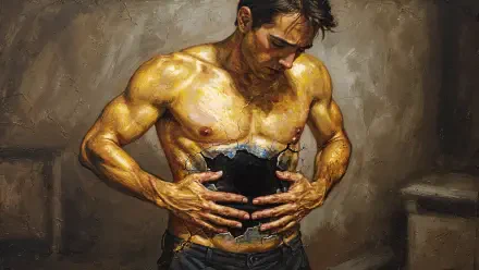 4K Ultra HD PC desktop wallpaper and background: painted muscular man clutching a dark, hollow abdominal cavity, golden skin tones and dramatic, muted painterly backdrop.