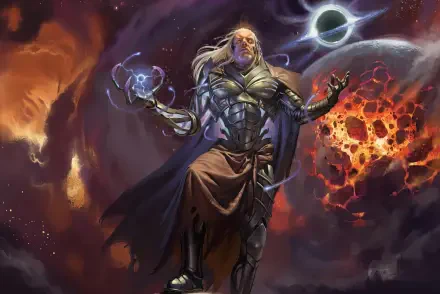 HD PC wallpaper of Tezzeret, the Magic: The Gathering card-game wizard in metallic armor and cloak, conjuring a glowing orb amid exploding celestial debris.