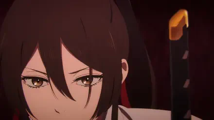 Close-up anime portrait of Yamada Asaemon Sagiri from Hell's Paradise with brown hair and brown eyes, 4K Ultra HD PC desktop wallpaper.