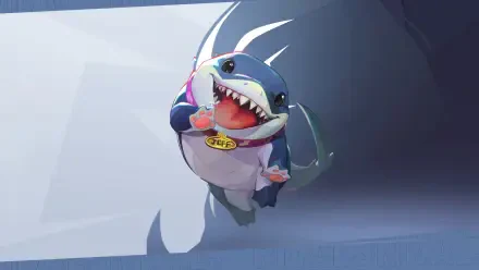 Jeff the Land Shark from Marvel Rivals leaps with a grin and tiny paws, collar tag visible — HD PC desktop wallpaper/background for the video game.