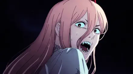 Chainsaw Man's Power bares jagged teeth in a dark, shocked yet funny reaction—creepy close-up for a 4K Ultra HD PC desktop wallpaper/background.