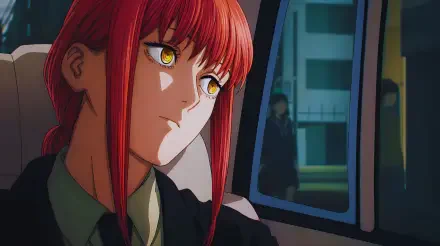 Makima from Chainsaw Man — red‑haired anime girl with golden eyes gazes from a car backseat; 5K Ultra HD PC desktop wallpaper/background.