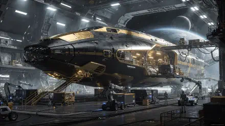 4K Ultra HD PC desktop wallpaper and background: a sleek golden spaceship docked in a massive illuminated hangar, technicians and a distant planet visible.
