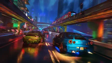 HD CGI PC desktop wallpaper and background: neon-lit night car racing scene, two sports cars speeding on wet city streets under elevated tracks.