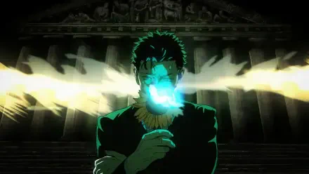 Hiromi Higuruma (Jujutsu Kaisen) unleashing a blue curse blast, silhouetted before temple columns — 4K Ultra HD PC manga desktop wallpaper, Jujutsu Kaisen 3rd Season.