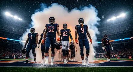Chicago Bears NFL football players emerge through smoke under stadium lights — dramatic 2K Quad HD PC desktop wallpaper background.