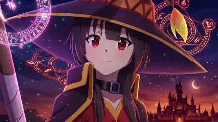 Megumin from KonoSuba smiling in her signature witch hat and crimson-trimmed cloak — 5K Ultra HD anime girl PC desktop wallpaper.