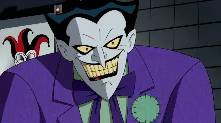 Joker from Justice League Unlimited grinning menacingly in a dark 2000s aesthetic — villain portrait, 5K Ultra HD PC desktop wallpaper background.