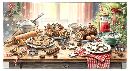 Holiday baking scene with cookies, yule logs, rolling pin, bowls and spices on a sunlit counter — 4K Ultra HD PC desktop wallpaper and background.