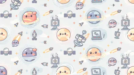 4K Ultra HD PC desktop wallpaper and background: pastel kawaii space pattern with smiling planets, moons, rockets, satellites and tiny stars.