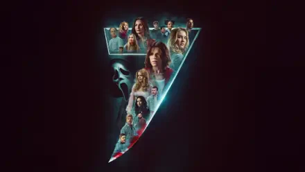 Scream 7 5K Ultra HD PC desktop wallpaper: glowing Ghostface blade forming a triangular collage of characters and portraits on a dark background.