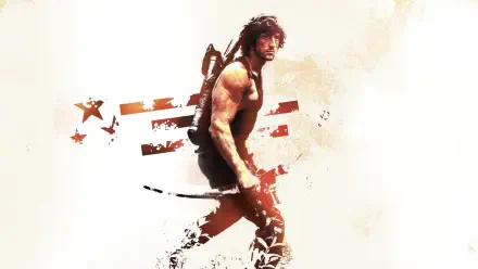 HD PC desktop wallpaper: Rambo: First Blood Part II artwork showing muscular, armed soldier against stylized red-white flag brushstroke background.