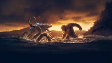 Monarch: Legacy of Monsters 4K Ultra HD PC desktop wallpaper — a giant ape and a glowing, tentacled kaiju clash in storm-tossed coastal waters beneath a fiery sunset.