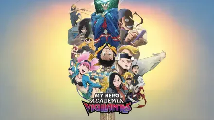 My Hero Academia: Vigilantes 8K Ultra HD PC desktop wallpaper depicting a colorful circular arrangement of vigilante characters around the series logo on a soft gradient background.