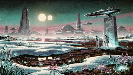 4K Ultra HD PC desktop wallpaper and background: a retro‑futuristic alien shore with crystalline fields, twin suns, hovering ships, domed city skyline and two figures near a glowing monolith.
