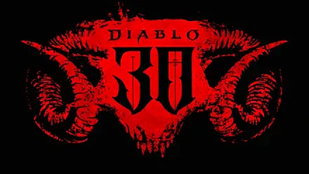 Red Diablo III logo shaped from a demonic ram skull and horns on black; 2K Quad HD PC desktop wallpaper referencing Diablo, Diablo II, Diablo III.