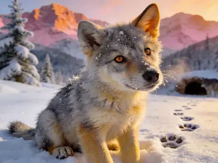 Wolf cub sits in fresh snow with paw prints, snowy pines and pink sunrise mountains — 4K Ultra HD PC desktop wallpaper.