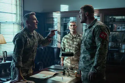 War Machine (2026) movie scene: three uniformed officers in a heated argument across a cluttered office — 5K Ultra HD PC desktop wallpaper/background.