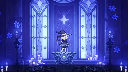 Blue-lit chapel with a witch standing on an altar amid candles and stained glass — HD PC desktop wallpaper for the video game Never Grave: The Witch and The Curse.