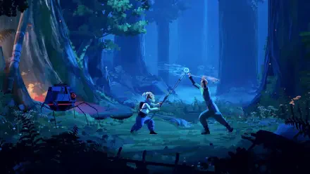 HD PC desktop wallpaper and background from the video game Planet of Lana II: two characters duel with staff and blade in a glowing blue forest beside a small hovering robot.