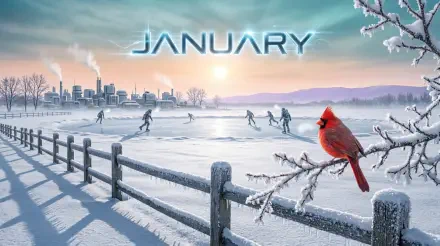 January 5K Ultra HD PC desktop wallpaper and background: snowy fence and frosted branch with a red cardinal, frozen lake with skaters and distant city skyline at sunrise.