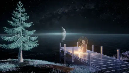 4K Ultra HD PC desktop wallpaper: two figures on a glowing pier beneath a new moon over a calm sea, frost-coated tree on shore and a streaked starry night.