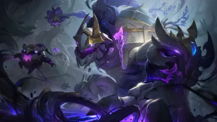 8K Ultra HD PC desktop wallpaper of Maokai from League of Legends (MOBA): a massive shadowy armored treant wreathed in purple cosmic energy, twisting roots under a moonlit void sky.