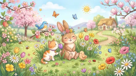 Cute spring 5K Ultra HD PC desktop wallpaper: cheerful bunny with flower crown, kitten and chick amid tulips, daisies and butterflies, cottage and blooming trees under sunny sky.