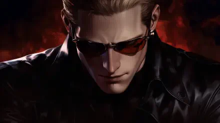 Close-up of Albert Wesker from Resident Evil 5, wearing sunglasses and a leather jacket against a fiery red background — 2K Quad HD PC desktop wallpaper.